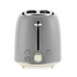 Grey 2-slice toaster with reheat, defrost and cancel buttons, front view