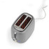 Grey two-slice toaster with slots glowing red, angled view, power cord visible