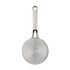 Silver stainless steel saucepan, view of base showing Salter branding and hob compatibility icons.