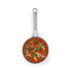 Stainless steel frying pan with handle, filled with red curry and mixed peppers, top view
