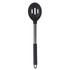 Black slotted serving spoon with stainless steel handle, shown on white background
