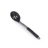 Black and silver slotted serving spoon with soft-grip handle, angled for product display