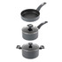 Set of three grey non-stick cookware items: frying pan, saucepan with lid, casserole pot with lid