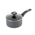 Grey non-stick saucepan with glass lid and Salter logo on handle, shown at an angle