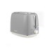 Grey 2-slice toaster with buttons for reheat and defrost, side view