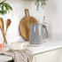 Grey electric kettle on kitchen counter, modern style, suitable for UK homes.