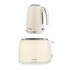 Cream kettle and two-slice toaster set with chrome accents, side view