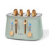 Sage green four-slice toaster with wooden controls and toasted bread, product front view
