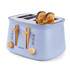 Blue four-slice toaster with wood-effect controls, two slices of seeded toast