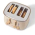 Four-slice beige toaster with wooden dials, toasting bagels from a top view
