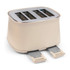 Four-slice cream toaster with crumb trays extended, shown at angle