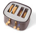 Brown 4-slice toaster with wooden controls toasting bagels, angled top view