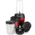 Red personal blender with three cups, lids and blade attachment, shown for home use.