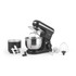 Black stand mixer with stainless steel bowl and assorted attachments, shown on white background