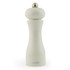 White manual pepper mill with curved shape and metal knob, front view