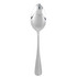 Stainless steel dessert spoon, polished, shown upright on white background