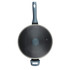 Grey non-stick frying pan with blue handle, shown from above.