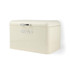 Cream metal bread bin with lid and 'BREAD' embossed on front, side view