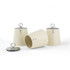 Set of three cream storage canisters with chrome lids labelled tea, coffee, sugar.