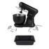 Black stand mixer with stainless steel bowl, whisk, dough hook, beater and baking tin