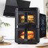 Black dual zone air fryer oven with digital display, shown cooking chips and chicken
