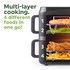 Promotional graphic showing a 4-layer air fryer cooking four different foods at once.