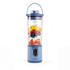 Blue portable blender with fresh fruit and yoghurt inside, shown upright on a white background
