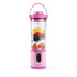 Pink portable blender with fruit and yoghurt inside, suitable for smoothies.