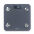 Grey digital bathroom scale with round metal sensors and LCD display, viewed from above