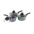 Set of three grey speckled saucepans with glass lids and black handles