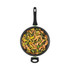 Non-stick frying pan with cooked stir fry, shown from above.