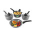 Grey non-stick saucepan and frying pan set with lids, PFAS free, food shown for display