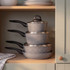 Grey non-stick saucepan with black handle, speckled finish, viewed from above