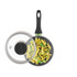Small non-stick saucepan with black handle and glass lid, filled with pesto pasta