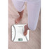 Person standing on white digital bathroom scale on wooden floor.