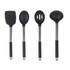 Set of four black kitchen utensils with stainless steel handles on white background