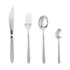 Four-piece silver cutlery set with knife, fork, tablespoon and teaspoon, shown on white background