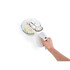 Hand mixer blending ingredients in a glass bowl, white finish and wood detail