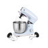 Blue stand mixer with stainless steel bowl and three attachments