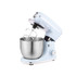 Light blue stand mixer with stainless steel bowl and beater attachment, angled side view