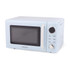 Blue retro-style microwave oven with cream handle, front view
