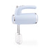 Light blue electric hand mixer with twin metal beaters, photographed side view
