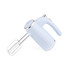 Light blue electric hand mixer with chrome accents, shown at an angle