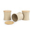Set of three beige storage containers with bamboo lids, jars shown open and closed.