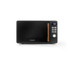 Black microwave oven with wood-effect handle and digital controls, front view