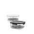 Set of two clear square food storage containers with black lids