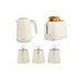Cream kitchen set: kettle, toaster with toast, tea, coffee and sugar canisters