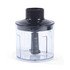 Clear plastic food processor bowl with black lid and measurement markings