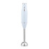 Light blue hand blender with stainless steel blending shaft shown upright