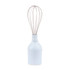Blue handled balloon whisk standing upright, isolated on white background
